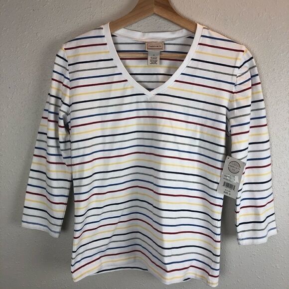NWT Passports Striped V Neck Top Size S - Picture 1 of 5
